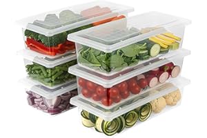 VOLTURI Fridge Storage Containers (Pack of 6), Fridge Organiser Storage Boxes with Removable Drain Plate, Lids, Stackable Org
