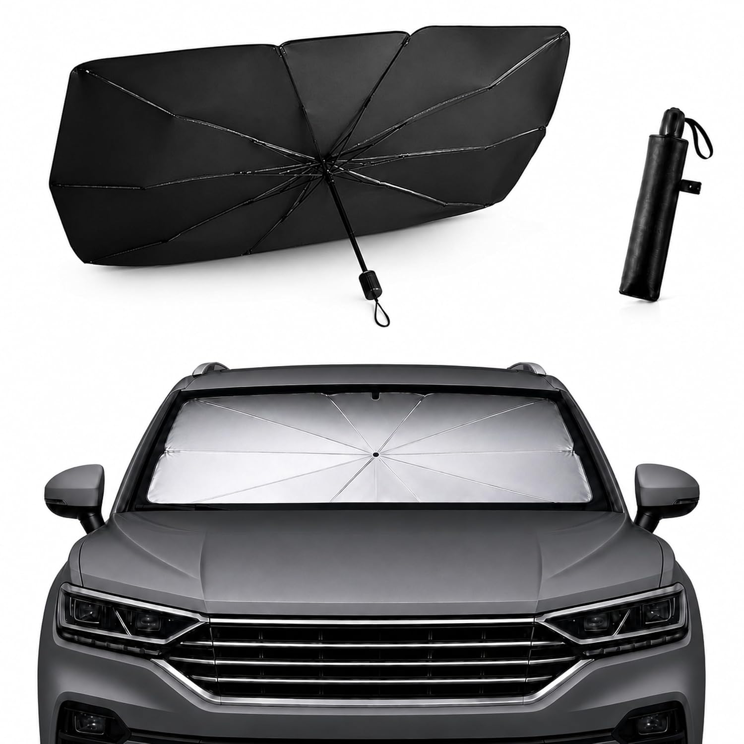 PRISMAL Parasole Auto Parabrezza Interno ad Ombrello - Protezione UV e Anti Calore - Copri Parabrezza Riflettente Senza Ventose per Auto, SUV e Crossover (140x80 cm)