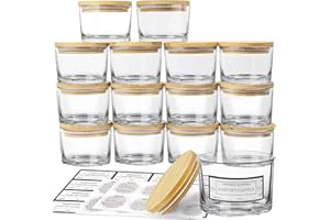 CONNOO Confezione da 15 Barattoli in Vetro Trasparente da 113,4 g per Candele, Con Coperchi Ermetici in Bambù, Contenitori Vuoti Con Etichette Adesive di Avvertenza