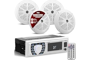 Pyle marinradio och högtalarpaket – 12 V Single DIN Bluetooth-kompatibelt vattentätt digitalt inbyggt bådstereosystem med mik