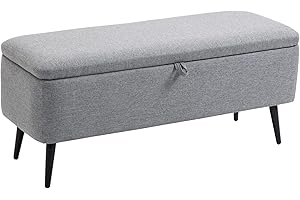 HOMCOM Puff Almacenaje Banco Almacenaje Tapizado en Lino Sintético con Tapa Abatible y Patas de Acero para Dormitorio Salón Entrada Carga 150 kg 101x38,5x44,5 cm Gris