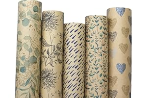 artwelten Home & Style Geschenkpapier Set - 5 Rollen (2m x 70cm) aus Recycling-Papier, Naturmuster - Kraftpapier Geschenkverpackung für Geburtstage und Festliche Anlässe