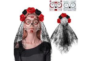 Abnaok Haarreif mit Rosen und Halloween Temporäre Gesicht Tattoos, Blumen Faschingskostüme Damen Tag der Toten Schleie, mit Blumen und Schleier