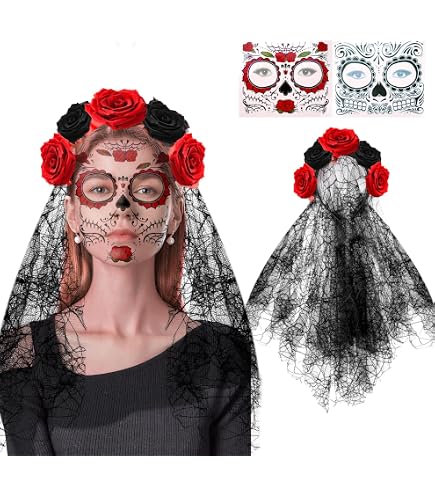 Diadema Floral Roja Para Día De Muertos Y Halloween - Con Velo, Estilo Gótico Punk, Accesorio De Disfraz