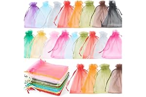 ONEKOU 100Pcs Sachets Organza Coloré, Pochettes Cadeau avec Rubans, Pochette Bijoux Petit Sachet Transparent Parfait Pour Mariages, Festival, Noël, Anniversaires(10x12cm)