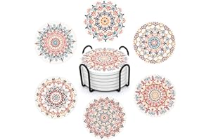 STARUBY Drink Coasters Set of 6 Ceramic Coaster Beautiful Absorbent Coaster Drink Mat with Cork Base vintage Flower Patterns Round Coaster Non Slip for Coffee,Beer,Mug,Wine Glass Bottle,Home and Bar