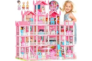 GIRLDIARY 5-stöckiges Traum Puppenhaus für Mädchen mit 19 Zimmern, Lichtern, Puppen und Möbeln, großes DIY-Spielhaus für Kinder von 3-16 Jahren, perfektes fantasievolles STEM-Geschenk für Weihnachten (Rosa)