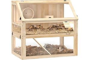 PawHut Hamsterkäfig aus Holz 3 Etagen Nagerkäfig Kleintierkäfig mit klappbarem Deckel Laufrad und Zubehör, Holzkäfig für Hamster Zwerghamster 80x50x76 cm Naturholz