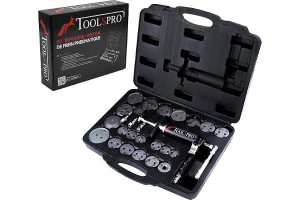 Toolspro® - Repousse Piston de Frein Pneumatique - Rotation Gauche & Droite - 27 Pièces Coffret Professionnel Multimarque - Outillage Mecanique Auto - Marque Française