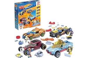Mega Construx GVM13 Hot Wheels Samochód Wyścigowy, Zestaw do Budowania, 485 Elementów, 4 Pojazdy Rally Cat, Dawgzilla, Night Shifter i Mod Rod, 4 Ruchome Mikrofigurki, od 5 Lat