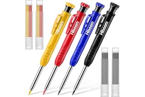 Hiboom Solide Zimmermannsbleistifte mit Eingebautem Spitzer 4 Stück Bunt Druckbleistift Set mit 24 Stück Minen Holzbearbeitung Tiefloch Schreiber Werkzeuge (Schwarz, Blau, Rot, Gelb)