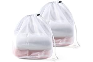 Elalove 2 Filets à Linge 30x40 cm, Sacs à Linge Réutilisables en Maille Fine avec Cordon de Serrage pour sous-Vêtements, Chaussettes et Vêtements Délicats, Blanc