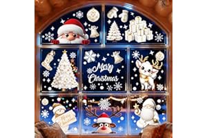 FHUZRE 9 Hojas Pegatinas de Navidad para Ventanas Cristal, Decoracion Navidad Hogar Reutilizables, Pegatinas Navideñas Ventana Cristales Adornos Navideños Casa Interior Copos de Nieve Papá Noel Regalo Reno