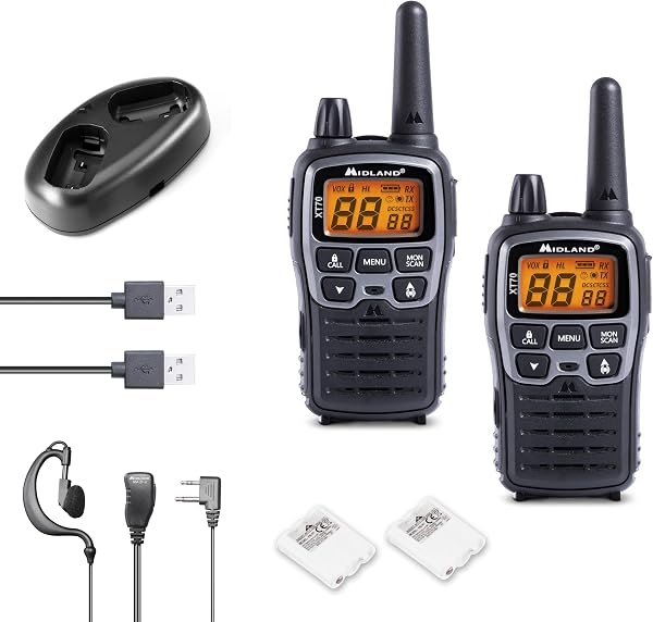 Midland C1180 XT70 - Émetteur-Récepteur Radio Professionnel Bi-bande Talkie Walkie à Recharge Rapide - Couleur Grise - 69 LPD et 24 PMR446, 12 km de Portée, 38 Tonalités, 83 Codes - Lot de 2 - 1
