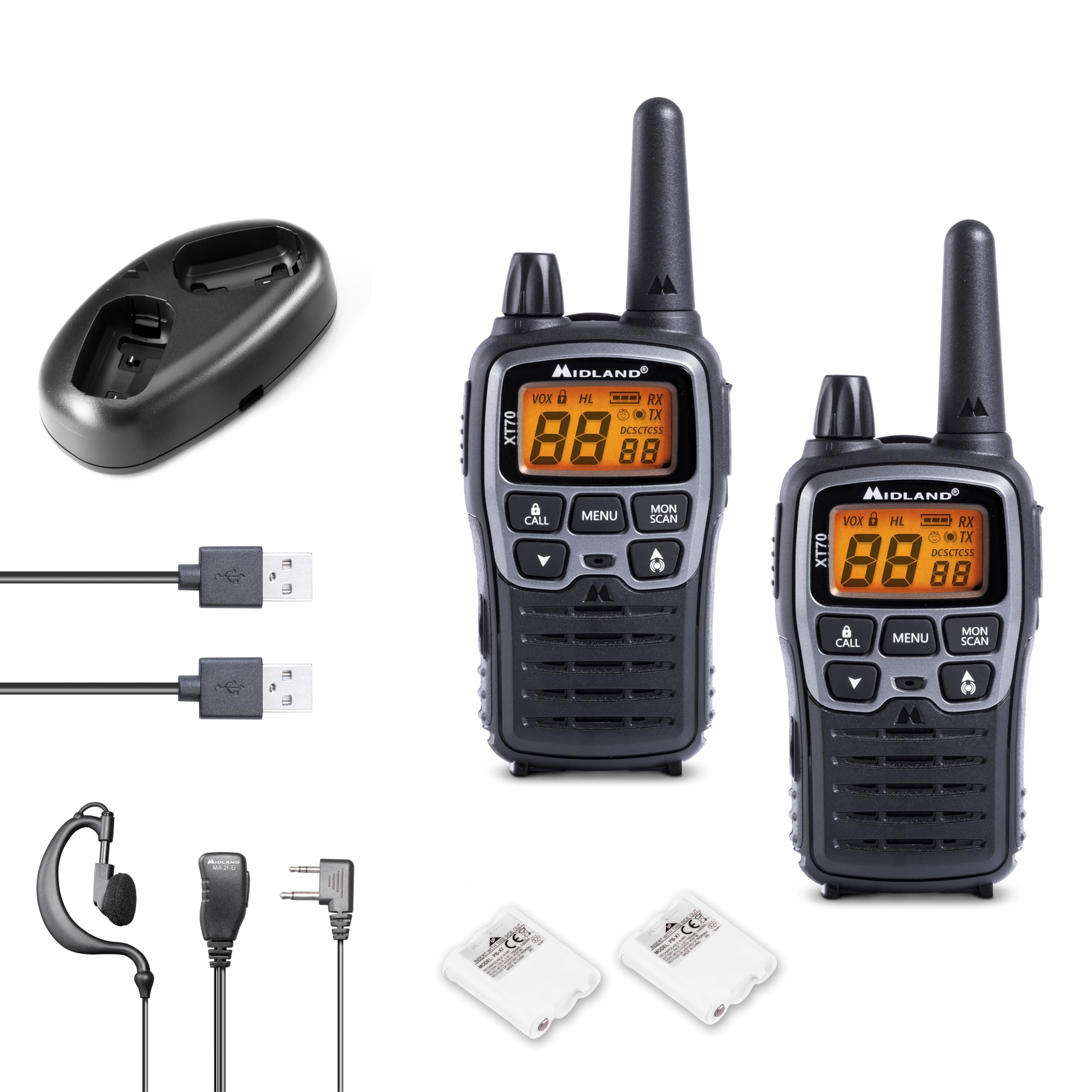 Midland C1180 XT70 - Walkie Talkie Profesional de Doble Banda con Carga Rápida - Gris - Formato 69 LPD y 24 PMR446, 12 km de Alcance, 38 Tonos, 83 Códigos - Set de 2 Transceptores - 1