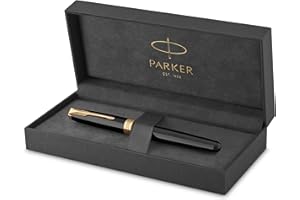 Parker Sonnet Pluma estilográfica | Lacada en negro con adorno dorado | plumín mediano | en estuche de regalo