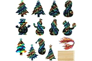 NQEUEPN 96pz Christmas Scratch Papers, Rainbow Scratch Christmas Ornaments Magic Scratch off Cards con Bastoncino di Legno e Nastro per la Decorazione Dell'Albero di Natale Dei Bambini