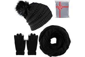 CheChury Cappelli Invernali Sciarpa e Guanti Calze Invernali Donna Set Cappello con Pompom Sciarpa Invernali Sciarpa Guanti Touch Screen Set all'Aria Aperta Regali Originali Berretto in Maglia