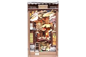 Fsolis Kit Book Nook – Kyoto Snow Whisper – miniatyrhusscen | 3D-träpussel med LED-ljus, bokhylla dekor och lugnande present