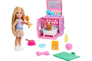 Barbie Chelsea Lekset för valpar, liten blond docka och tillbehör, hundtransportväska med valptema, lekdelar