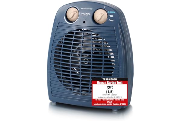 EMERIO Fläktvärmare 2 000 W | Litet ljus kompakt bärbar | för ca 25 m² | 2 värmekapacitet + fläktfunktion | justerbar termostat | vippsäkerhetsbrytare