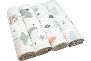 Lot de 4 langes en mousseline - 120 x 120 cm - Unisexe - Absorbants - Certifié Öko-Tex (4 nuages mixtes, 120 x 120 cm)