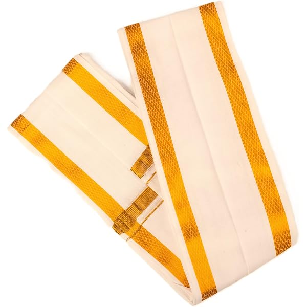 Stylesindia Pure Cotton Dhoti Lungi With Gold Zari Border - 3.6 Meters, Cream, Free Size - View #13