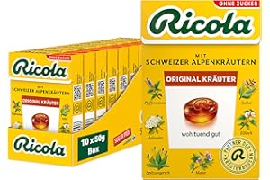 ‎RICOLA Ricola Original Kräuter, 10 Böxli Original Schweizer Kräuter-Bonbons mit 13 Schweizer Alpenkräutern & Menthol, zuckerfrei, 10 x 50g, vegan