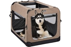 Veehoo Folding Soft Dog Crate, 3-Door Pet Kennel for Crate-Training Dogs, 5 x Heavy-Weight Mesh Screen, 600D Cationic Oxford Fabric, Indoor & Outdoor Use, 32", Beige Coffee