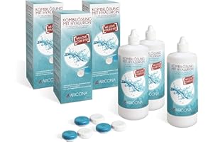 ARICONA KONTAKTLINSEN aricona solution pour lentilles de contact – 3 x 360ml de liquide avec hyaluron - solution combinée tout-en-un pour lentilles de contact souples, y compris le conteneur