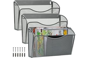 ESYLIFE 3 Pocket Hanging File Organiser, Wall Mounted Magazine File Holder, Wall Magazine Rack, A4 Paper Storage Letter Shelf, Set of 3, Silver