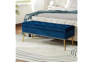 HULALA HOME Modern Velvet Storage Bench Box Ottoman with Gold Base & Nailhead Trim, Upholstered Bedroom Bench for End of Bed, Button-Tufted Footstool for Entryway Living Room Dining Room, Navy