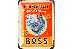 LANOLU Cartel de chapa retro con texto en alemán "Jefe - Hollinero - Accesorios para gallineros, divertidos carteles con refranes, vintage de metal, decoración para el gallinero, jardín como