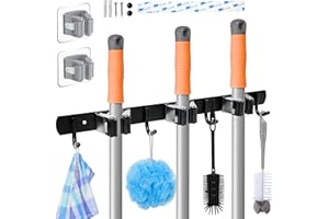 BASAMA ®️ Colgador Escobas y Fregonas de acero inoxidable de 38 cm + 2 Soportes individuales adhesivos | Soporte Escobas Pared con adhesivo 3M y tornillos