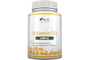 ‎NU U NUTRITION Vitamin D3 1.000 I.E. hochdosiert | für Knochen, Zähne & Immunsystem | Jahresversorgung | 100% Geld-zurück-Garantie | 365 Softgel-Kapseln | Nahrungsergänzungsmittel von Nu U Nutrition