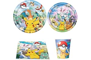 GOACRS Pappgeschirr Set, 80 Stück Partygeschirr mit Pappteller Pappbecher Servietten für 20 Gäste, Bunte Papier Teller und Becher, Cartoon Anime Geschirrset für Kindergeburtstag Partydeko Tischdeko