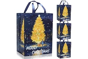 Christmas Tote Bags - 4 Pack Large Christmas Bags with Light -Emitting Xmas Tree Gold Handle Non-woven Fabric Gift Present Bag，ADQUATOR Xmas Shopping Bag for Adult Gift Recipients