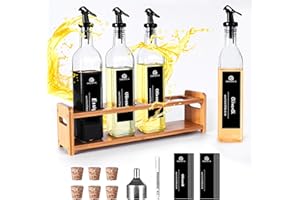 SAEIV Essig und Ölflaschen Set(4X500ml) mit Warmer Gelbton Bambus Regale, Ölflasche mit Ausgießer, Ölspender mit Schwarze Etiketten, Hilfe zur Ordentlichen Platzierung von Küchen öl Essig Spender