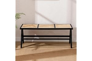 Ya-Home Rattan Dining Bench Modern Ottoman with Solid Wood Legs, Window Seat for Entryway/Dining Room, Black