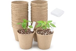 KINGLAKE 50 szt. 6 cm doniczki z włókna biodegradowalne doniczki na rośliny, małe doniczki z 100 szt. plastikowych etykiet na rośliny, 1 x 5 cm