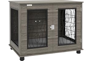 PawHut Hundekäfig Möbel mit abschließbar Tür Kissen, Metall Hundebox für Zuhause Indoor Hundehütte für mittelgroße Hunde bis zu 20 kg Beistelltisch Hundehaus 80 x 56 x 63 cm Grau
