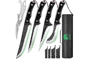 FULLHI Couteau de boucher à désosser, lame flexible, set de couteaux à manche en bois avec étui, sac à couteaux, cisaille (Noir, 6 pièces)