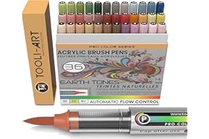 TOOLI-ART 36 tons de terre Stylos de peinture acrylique à pointe flexible avec contrôle de débit automatique de 1-5 mm pour peinture sur roche, coloriage, calligraphie, scrapbooking, verre, tasses, bois, métal