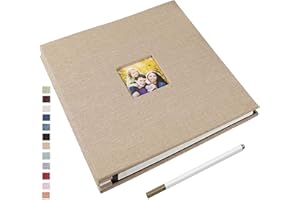 Yopih Self Adhesive Photo Album 33x32cm Scrapbook Album with Window 40 Double Sided Pages Linen Hardcover with A Metallic Pen DIY Anniversary Memory Book for Baby Wedding Family