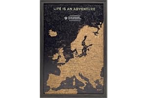 Splosh Travel Map - Black XL Desk Europe Map Pin Board, Wooden Frame Cork Board with 100 Pins in 3 Colours to Mark Your Past and Future Adventures 45 x 31 Framed EU Maps for Desks