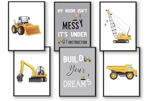 WIETRE® 6er Set Bilder Baufahrzeuge Bagger Kran Kinderzimmer Deko | Bild Junge Babyzimmer Poster DIN A4 | LKW Baustelle Stapler Walze Auto Fahrzeuge Dekoration (ohne Rahmen)