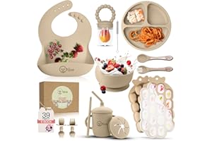O'doe Baby Entwöhnungsset - 15-teiliges Silikon-Fütterungsset mit Saugnapf, Schüssel, Lätzchen, Schnabeltasse - BPA-frei | 6M+ (Beige)