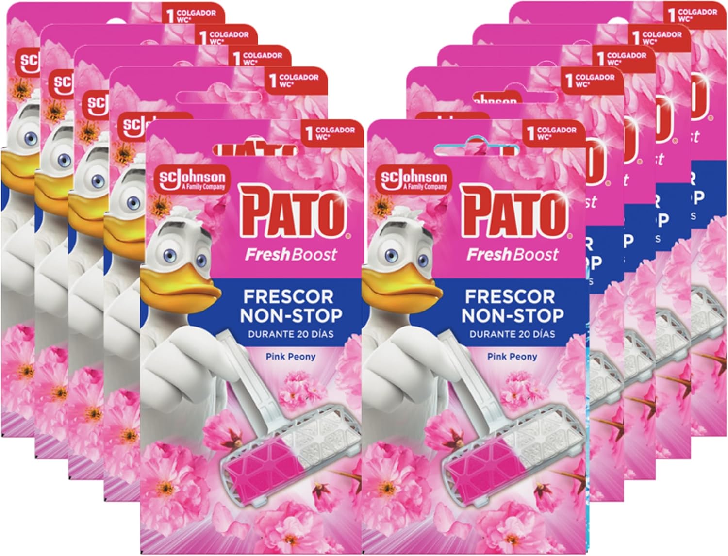 Pato Fresh Boost Colgador WC Floral Pink Peony, Limpia, Refresca y Perfuma el Inodoro, Frescor Intenso, Pack 10 Colgadores
