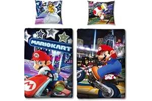 BERONAGE Kinder Wende-Bettwäsche Super Mario Kart 135 x 200cm + 80 x 80cm 100% Baumwolle Linon Renforcé Nintendo Luigi Prinzessin Peach Bowser Yoshi Toad Bettzeug deutsche Größe 2 Motive Reißverschluss