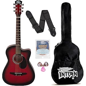 Intern INT-38C-RD-G Linden Wood Cutaway Right Handed Acoustic Guitar Kit, With Bag, Strings, Pick And Strap (Red, 6 Strings)
